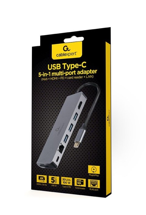 GEMBIRD MULTI ADAPTER USB TYP-C 5W1 HUB, HDMI, CZYTNIK KART, LAN, PD - 100W)