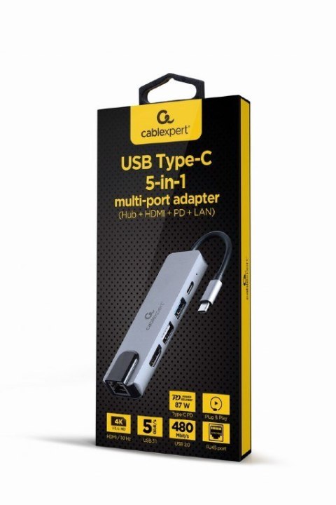 GEMBIRD MULTI ADAPTER USB TYP-C 5W1 (HUB + HDMI + PD + CZYTNIK KART + LAN) SREBRNY