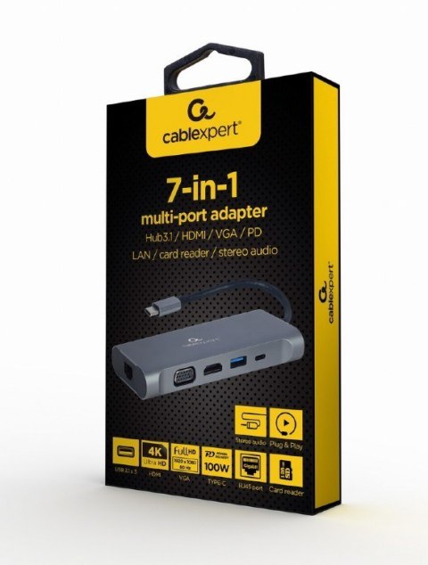 GEMBIRD MULTI ADAPTER USB TYPE-C 7 W 1 (HUB3.0 + HDMI + VGA + PD + CZYTNIK KART + DŹWIĘK STEREO), SZARY