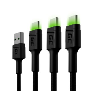 GREEN CELL ZESTAW KABLI KABGCSET02 3X KABEL GC RAY USB - USB-C 120CM, ZIELONY LED