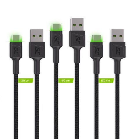 GREEN CELL ZESTAW KABLI KABGCSET03 3X KABEL GC RAY USB - USB-C 30CM, ZIELONY LED