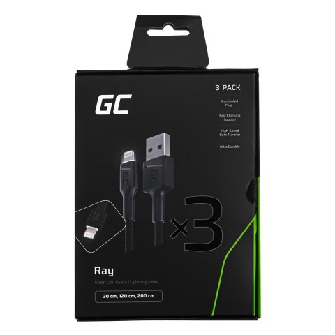 GREEN CELL ZESTAW KABLI KABGCSET04 3X KABEL GC RAY USB - LIGHTNING 30CM, 120CM, 200CM, BIAŁY LED