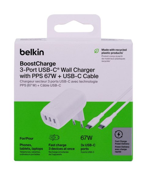 Ładowarka Belkin BoostCharge 3 Port USB-C PD 3.1 PPS Wall Charger 67W + USB-C to USB-C Cable 2m White