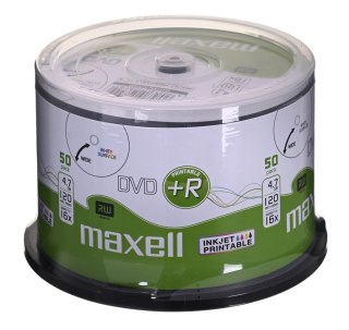 MAXELL Płyta DVD+R 4,7GB, 50 szt. w opakowaniu cake (szpindel). Prędkość zapisu 16X, 120 min. Płyty do nadruku atramentowego. Pr