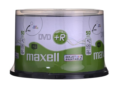 MAXELL Płyta DVD+R 4,7GB, 50 szt. w opakowaniu cake (szpindel). Prędkość zapisu 16X, 120 min. Płyty do nadruku atramentowego. Pr