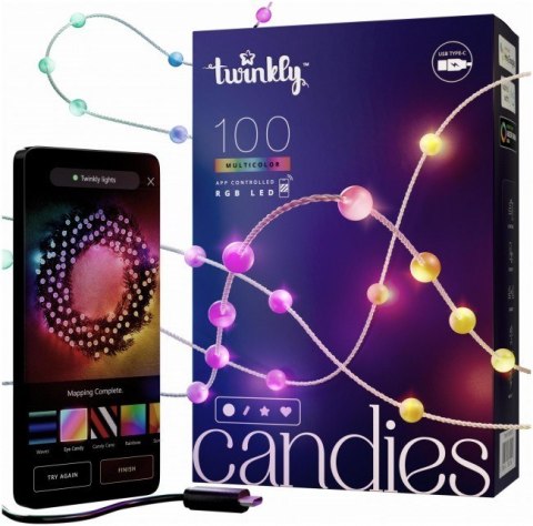 Twinkly Candies - 100 Lampki w kształcie pereł RGB LEDs, zielony przewód, USB-C