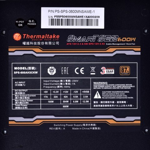 Zasilacz Thermaltake Smart SE2 600W PS-SPS-0600MNSAWE-1 (600 W; Aktywne; 120 mm)