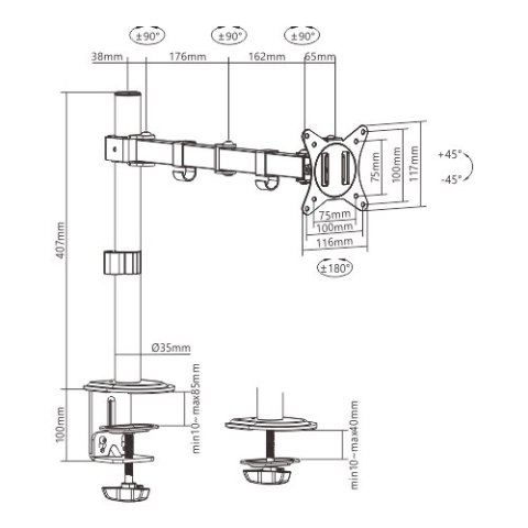 GEMBIRD BIURKOWE REGULOWANE RAMIĘ/UCHWYT NA MONITOR 17-32, VESA 100X100MM, DO 9KG