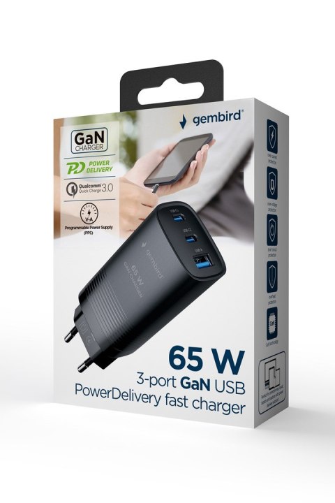 GEMBIRD SZYBKA ŁADOWARKA USB POWER DELIVERY USB TYPU C, 3X USB, 65 W, GAN CZARNA