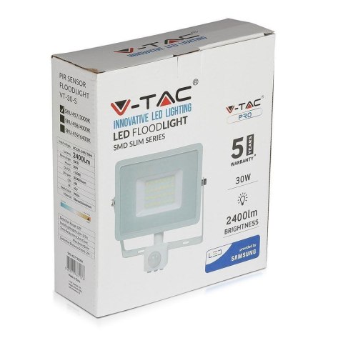 Projektor LED V-TAC VT-30-S-W 30W SAMSUNG CHIP Czujnik ruchu 6400K 2400lm (SKU 459) Biały