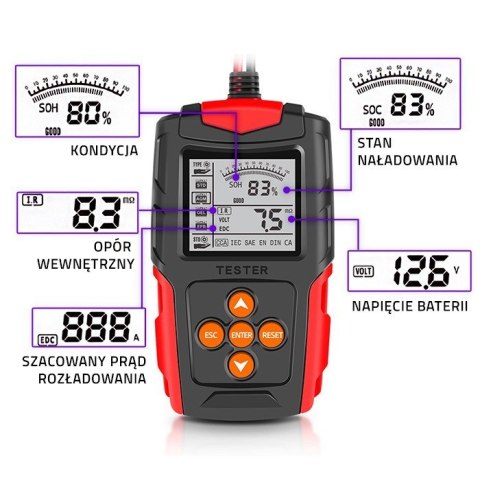 QOLTEC TESTER AKUMULATORA Z WYŚWIETLACZEM LCD |12V | 24V | 3AH-200AH