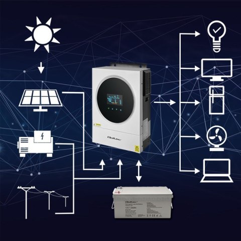 Qoltec 53874 Hybrydowy inwerter solarny Off-Grid 4kVA | 4kW | 120A | MPPT | LCD | Wi-Fi | BMS | Sinus