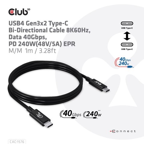 CLUB3D CAC-1576 kabel USB USB4 Gen 3x2 1 m USB C Czarny