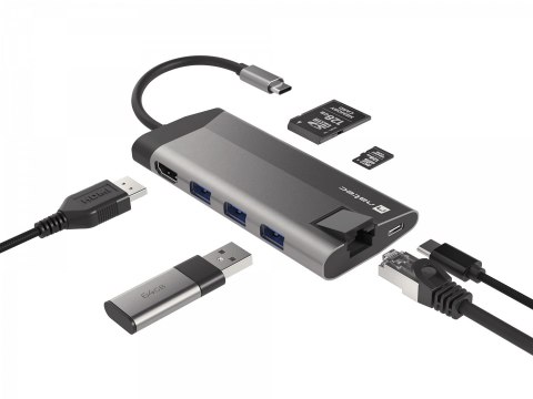 NATEC MULTIPORT ADAPTER FOWLER PLUS USB-C-> USB 3.0 3X, HDMI 4K, USB-C PD, RJ45, MICRO SD NMP-1690