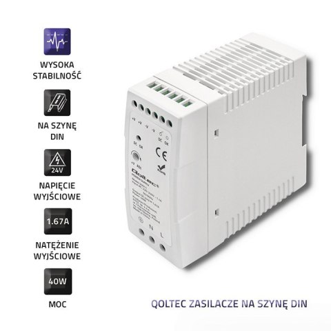 Qoltec Zasilacz na szynę DIN | 40W | 24V | 1.67A | Biały | Slim