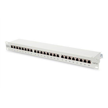 Digitus Panel krosowy (patch panel) 19'' 24x RJ45, LSA poziom, kat.6, ekranowany, 1U, szary, prowadnica kabli