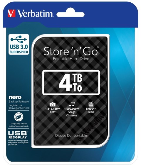 Verbatim Przenośny dysk twardy Store 'n' Go USB 3.0 Portable Hard Drive 4 TB — czarny