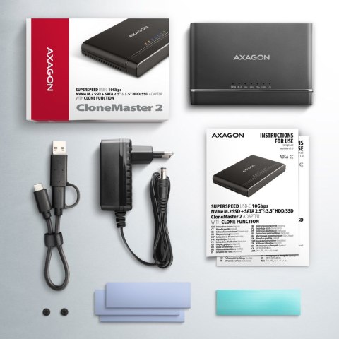 Axagon ADSA-CC USB-C 10Gbps - NVMe M.2 SSD & SATA 2.5/3.5 SSD/HDD CLONE MASTER 2 - Digital/Daten - NVMe USB 3.2 Gen 2 (3.1 Gen 2