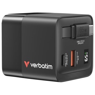 Verbatim Ładowarka sieciowa GaN 65W 2xUSB-C/USB-A + Adapter EU/UK/US czarny/black 32217