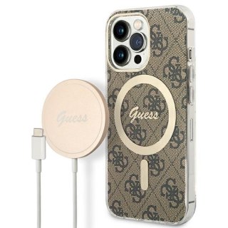 Zestaw Guess GUBPP13XH4EACSW Case+ Charger iPhone 13 Pro Max brązowy/brown hard case 4G Print MagSafe