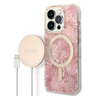 Zestaw Guess GUBPP14XHJEACSP Case+ Charger iPhone 14 Pro Max 6,7" różowy/pink hard case Jungle MagSafe