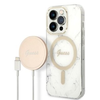 Zestaw Guess GUBPP14XHMEACSH Case+ Charger iPhone 14 Pro Max 6,7" biały/white hard case Marble MagSafe