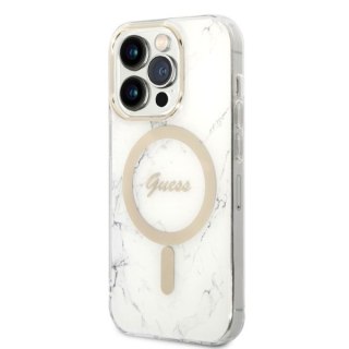 Zestaw Guess GUBPP14XHMEACSH Case+ Charger iPhone 14 Pro Max 6,7" biały/white hard case Marble MagSafe