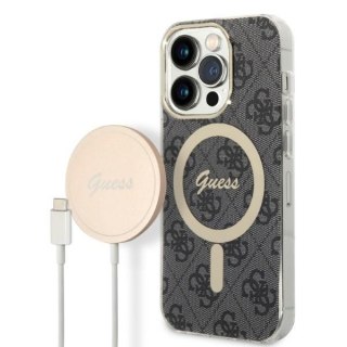 Zestaw Guess GUBPP14LH4EACSK Case+ Charger iPhone 14 Pro 6,1" czarny/black hard case 4G Print MagSafe