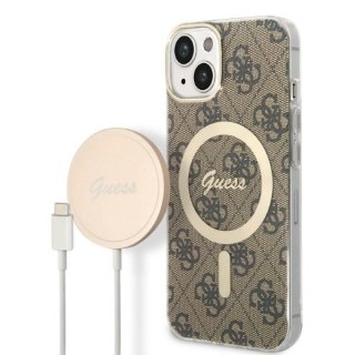 Zestaw Guess GUBPP14MH4EACSW Case+ Charger iPhone 14 Plus / 15 Plus 6.7" brązowy/brown hard case 4G Print MagSafe