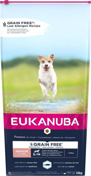 EUKANUBA Grain Free Senior Małe/średnie rasy, Ryby oceaniczne - sucha karma dla psa - 12 kg