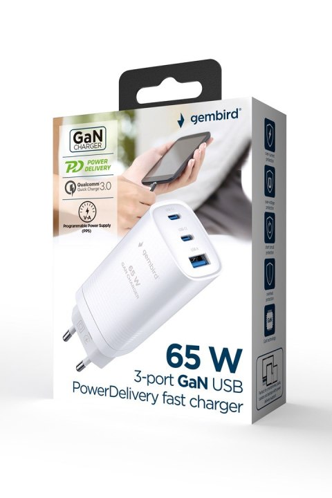 GEMBIRD SZYBKA ŁADOWARKA USB POWER DELIVERY USB TYPU C, 3X USB, 65 W, GAN BIAŁA