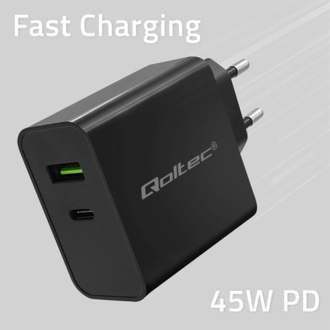 QOLTEC ŁADOWARKA SUPER QUICK PD | 1XUSB-C | 1XUSB | 45W | 5-20V | 2.25-3A | CZARNA