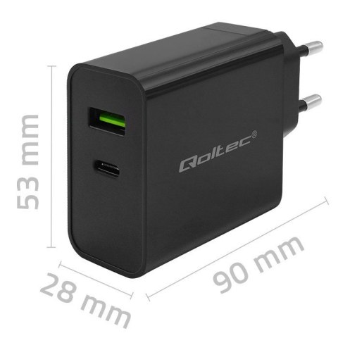 QOLTEC ŁADOWARKA SUPER QUICK PD | 1XUSB-C | 1XUSB | 45W | 5-20V | 2.25-3A | CZARNA