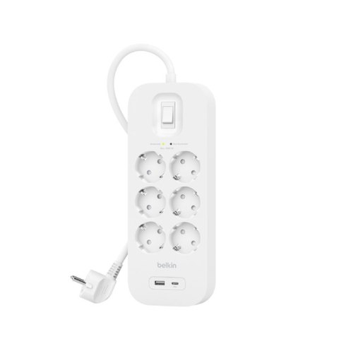 Listwa zasilająca Belkin Power Surge 6-PORT + 1xUSB-A +1xUSB-C 2.4A PD 650J 2m White Schuko