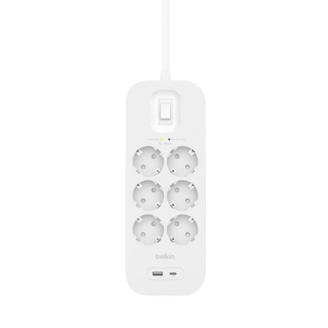 Listwa zasilająca Belkin Power Surge 6-PORT + 1xUSB-A +1xUSB-C 2.4A PD 650J 2m White Schuko