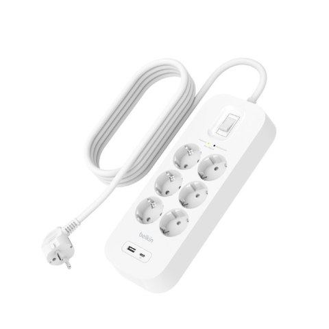 Listwa zasilająca Belkin Power Surge 6-PORT + 1xUSB-A +1xUSB-C 2.4A PD 650J 2m White Schuko