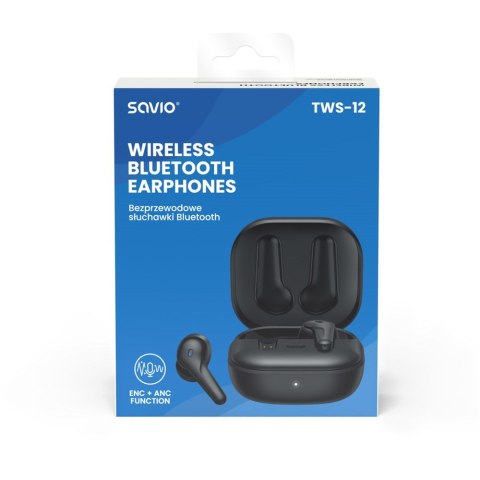 SAVIO SŁUCHAWKI BEZPRZEWODOWE BLUETOOTH 5.3 Z MIKROFONEM, ANC, ENC, QC TWS-12