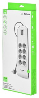 Listwa zasilająca Belkin Power Surge 8-PORT + 2xUSB-A 2.4A 900J Grey/White Schuko