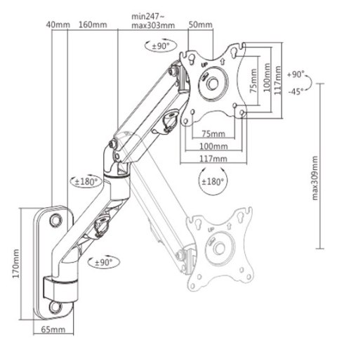 GEMBIRD BIURKOWE REGULOWANE RAMIĘ/UCHWYT NA MONITOR DO MONTAŻU NA ŚCIANIE 17-27, VESA 100X100MM, DO DO 7 KG