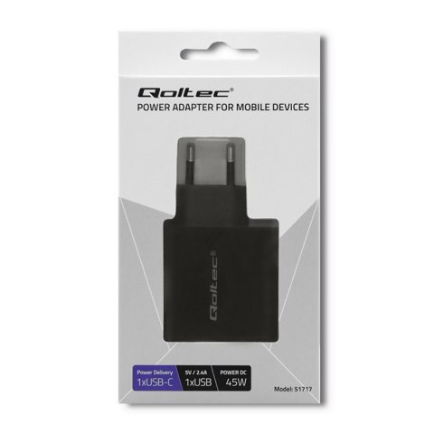 QOLTEC ŁADOWARKA SIECIOWA 42W | 5-20V | 2.25-3A | USB TYP C PD | USB | CZARNA