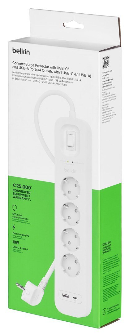 Listwa zasilająca Belkin Power Surge 4-PORT + 1xUSB-A +1xUSB-C 2.4A PD 525J 2m White Schuko