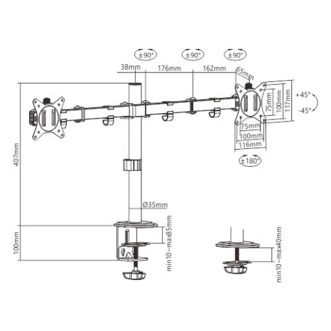 GEMBIRD BIURKOWE REGULOWANE RAMIĘ/UCHWYT NA 2 MONITORY 17-32, 100X100MM, DO 9KG