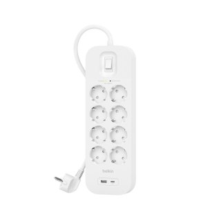 Listwa zasilająca Belkin Power Surge 8-PORT + 1xUSB-A +1xUSB-C 2.4A PD 900J 2m White Schuko