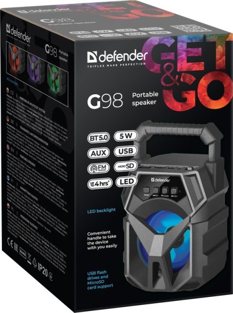 DEFENDER GŁOŚNIK G98 BLUETOOTH 5W BT/FM/TF/USB/AUX/LED 65098