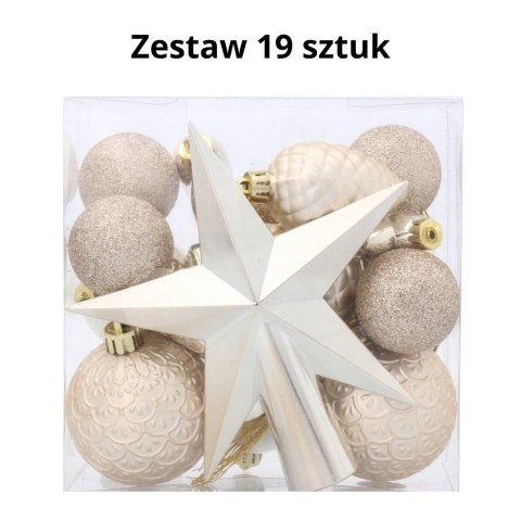 Komplet 19 Bombek Choinkowych Kamai Christmas Decoration - Kolor Szampański z Gwiazdą na Czubek