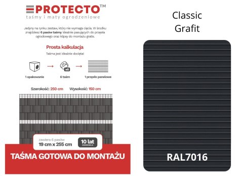 Taśma ogrodzeniowa PASKI 6 x 2,55mb CLASSIC 19cm PROTECTO GRAFIT + 12 klipsów GRATIS