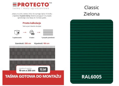 Taśma ogrodzeniowa PASKI 6 x 2,55mb CLASSIC 19cm PROTECTO ZIELONA + 12 klipsów GRATIS