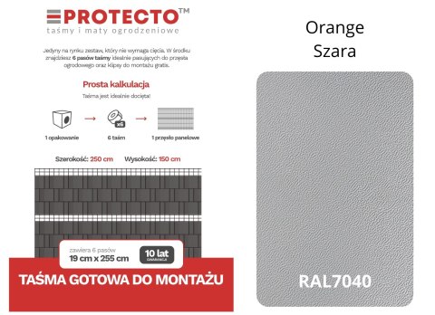 Taśma ogrodzeniowa PASKI 6 x 2,55mb ORANGE 19cm PROTECTO SZARA + 12 klipsów GRATIS