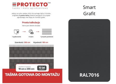 Taśma ogrodzeniowa PASKI 6 x 2,55mb SMART 19cm PROTECTO GRAFIT + 12 klipsów GRATIS