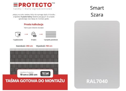 Taśma ogrodzeniowa PASKI 6 x 2,55mb SMART 19cm PROTECTO SZARA + 12 klipsów GRATIS